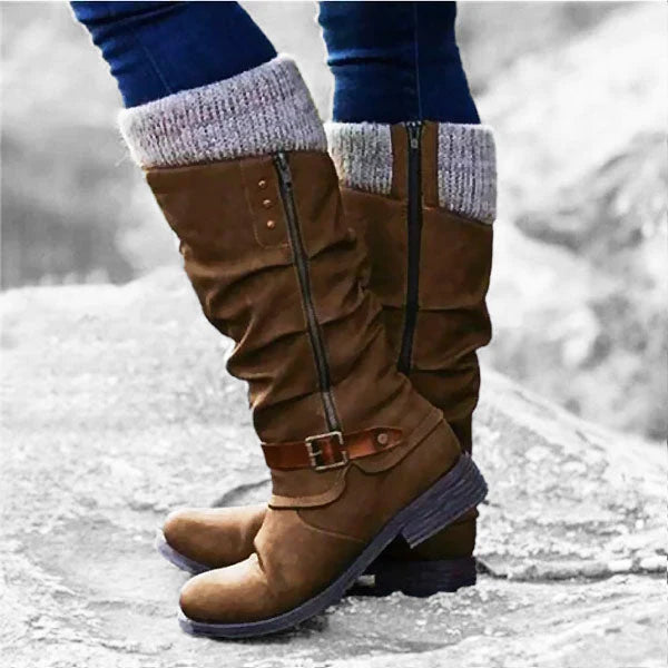 Women’s Leather Flat Heel Mid-Calf Zipper Boots – Beelucky