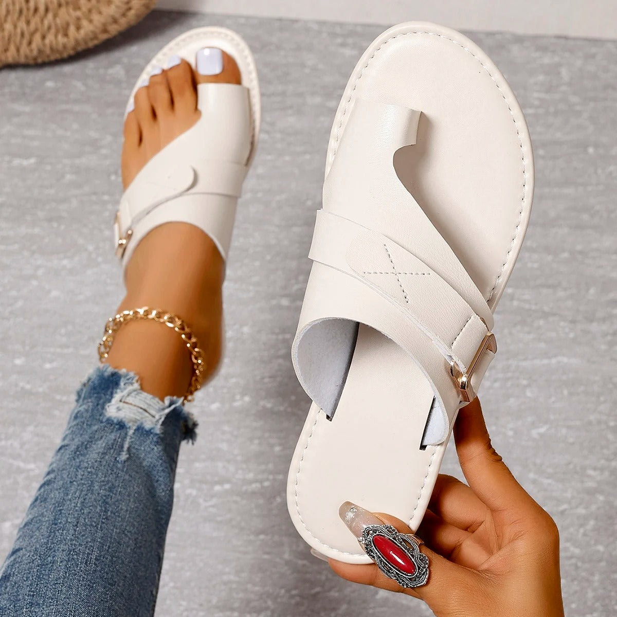 2024 HealthyFit™ Women's Flat Sandals, Comfortable Leather Low Heel Slippers