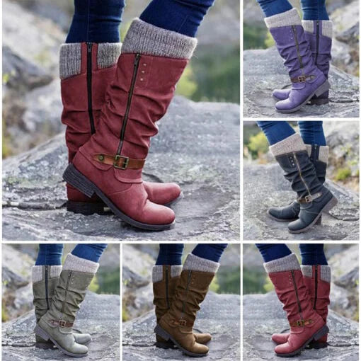 [2023 Upgraded] Women’s Leather Flat Heel Mid-Calf Zipper Boots
